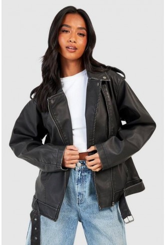 Petite Oversized Vintage Faux Leather Biker Jacket