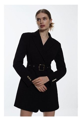 Structured Belted Wide Shoulder Blazer