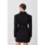 Petite Structured Crepe Belted Wide Shoulder Longline Blazer