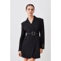 Petite Structured Crepe Belted Wide Shoulder Longline Blazer