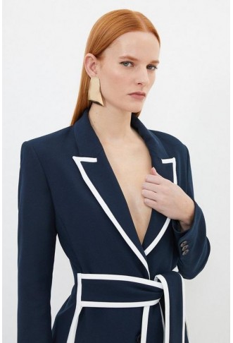 Compact Stretch Tailored Belted Tipped Detail Blazer