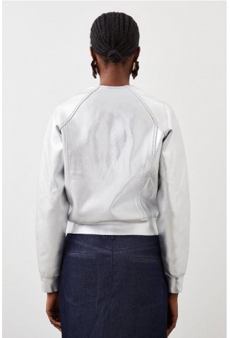 Silver Figure Form Bandage Knit Foiled Bomber Jacket