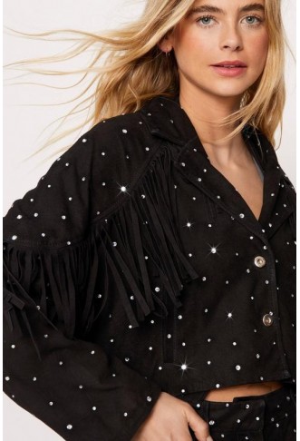 Real Suede Studded Fringe Detail Jacket