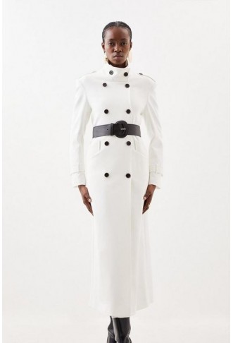 Compact Stretch Belted Double Breasted Maxi Tailored Coat