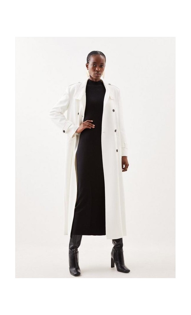 Compact Stretch Belted Double Breasted Maxi Tailored Coat