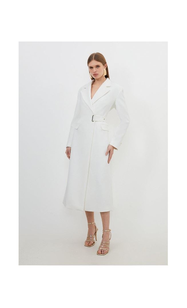 Ivory Compact Stretch Side Tie Detail Midi Coat