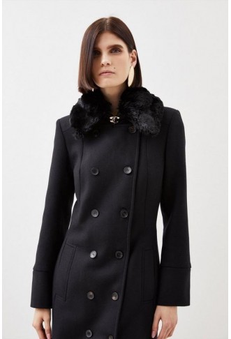 Italian Manteco Wool Blend Faux Fur Collar Coat