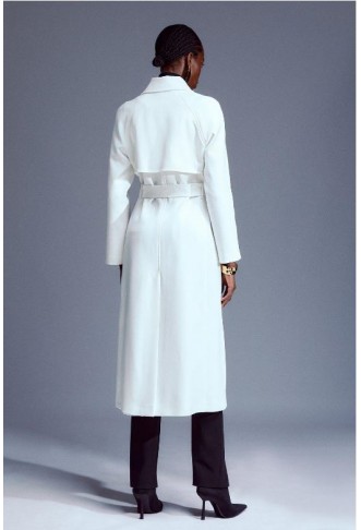 Ivory Compact Stretch Double Breasted Button Detail Belted Coat