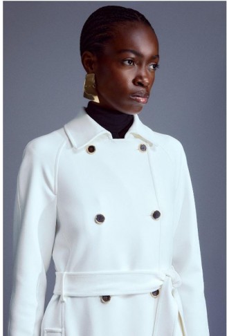 Ivory Compact Stretch Double Breasted Button Detail Belted Coat