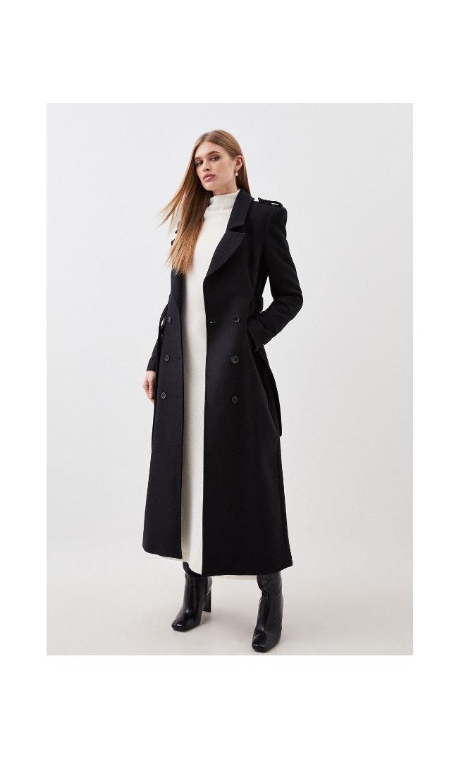 Black Lydia Millen Italian Manteco Wool Blend Belted Double Breasted Coat