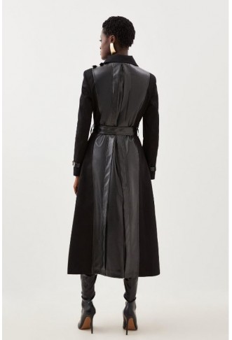 Pu Detail Belted Cotton Maxi Trench Coat