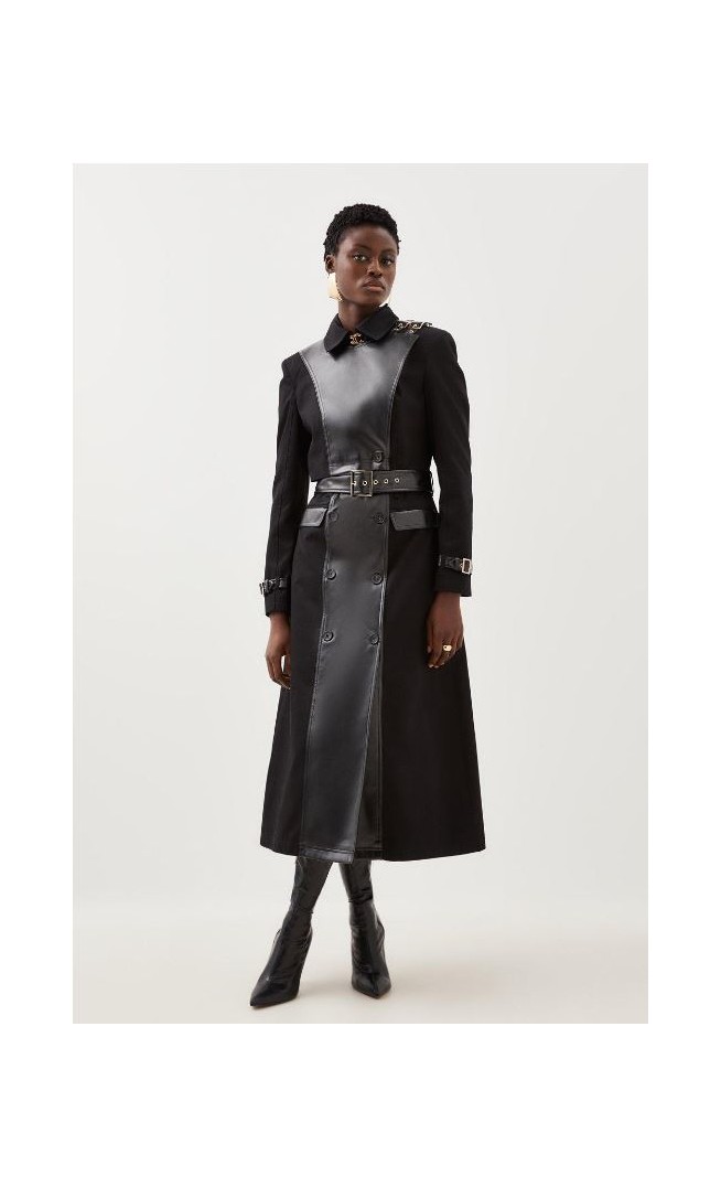 Pu Detail Belted Cotton Maxi Trench Coat