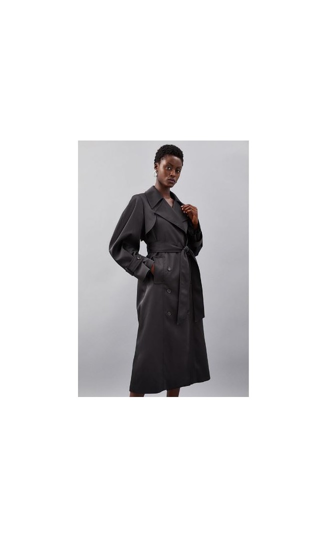 Tailored Satin Storm Flap Detail Maxi Belted Trench Coat