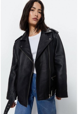 Real Leather Belted Biker Jacket