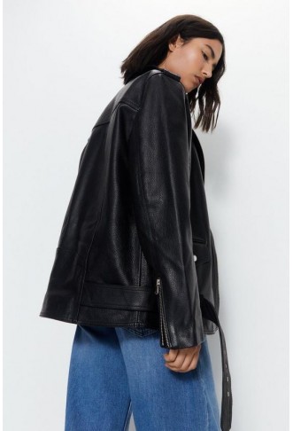 Real Leather Belted Biker Jacket