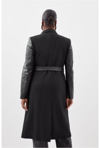 Black Plus Size Italian Manteco Wool Pu Contrast Detail Belted Coat