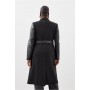 Black Plus Size Italian Manteco Wool Pu Contrast Detail Belted Coat