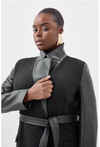 Black Plus Size Italian Manteco Wool Pu Contrast Detail Belted Coat