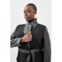 Black Plus Size Italian Manteco Wool Pu Contrast Detail Belted Coat