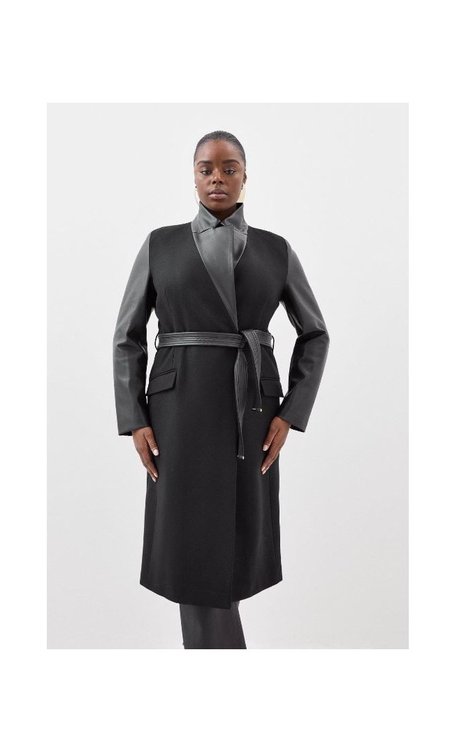 Black Plus Size Italian Manteco Wool Pu Contrast Detail Belted Coat