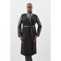 Black Plus Size Italian Manteco Wool Pu Contrast Detail Belted Coat