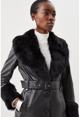 Shearling Cuff And Collar Leather Coat