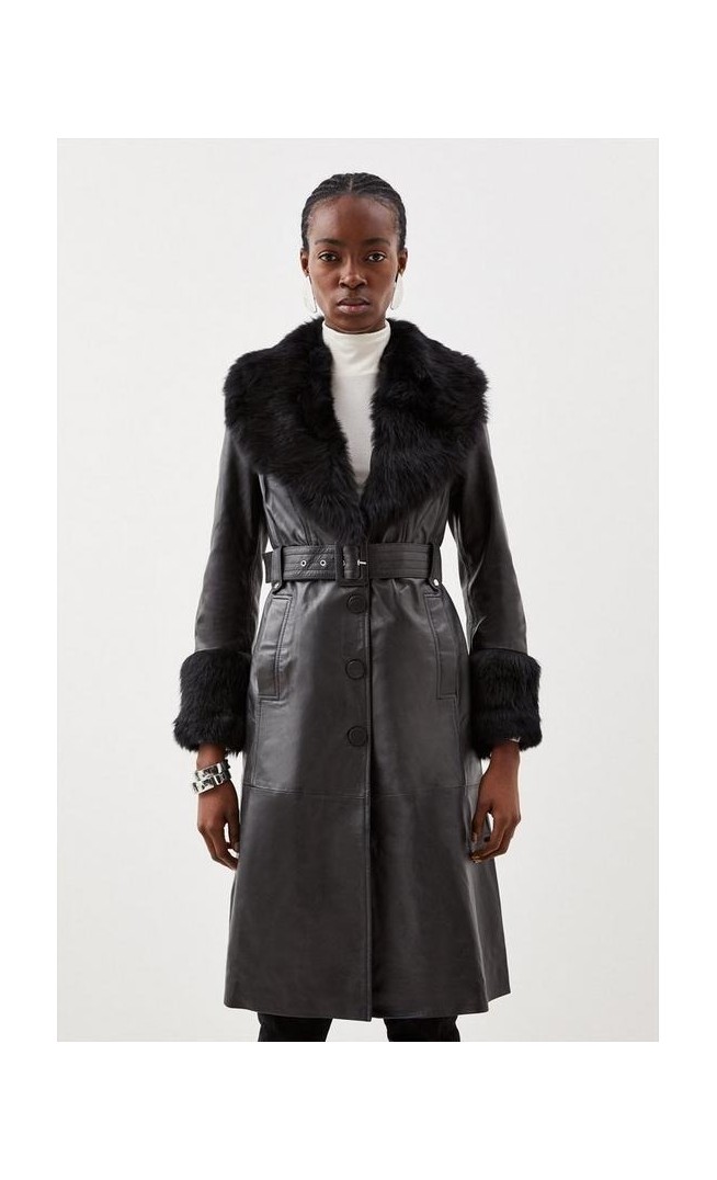 Shearling Cuff And Collar Leather Coat