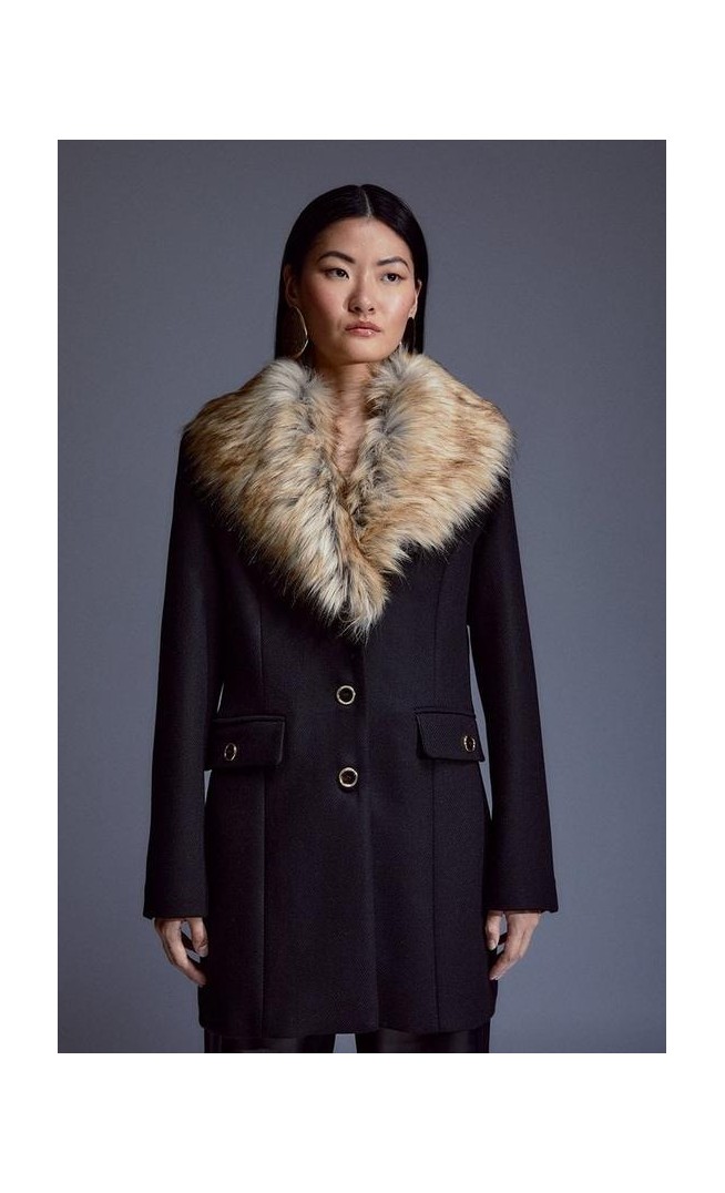 Italian Manteco Wool Mix Faux Fur Collar Short Coat