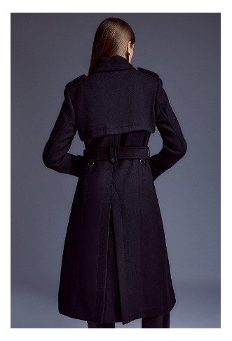 Italian Wool Blend Tailored Storm Flap Detail Belted Trench Coat