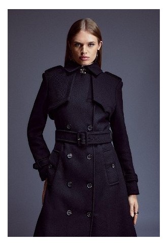 Italian Wool Blend Tailored Storm Flap Detail Belted Trench Coat