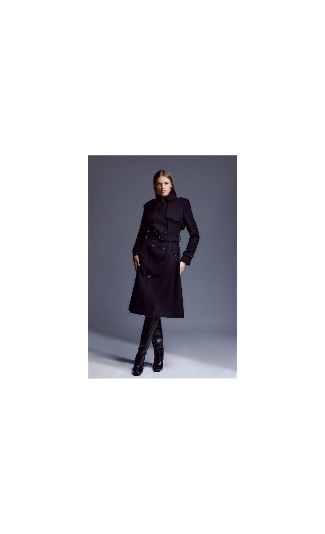 Italian Wool Blend Tailored Storm Flap Detail Belted Trench Coat