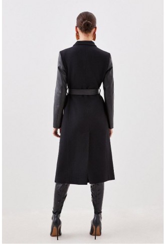 Black Petite Italian Manteco Wool Pu Contrast Detail Belted Coat