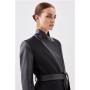 Black Petite Italian Manteco Wool Pu Contrast Detail Belted Coat