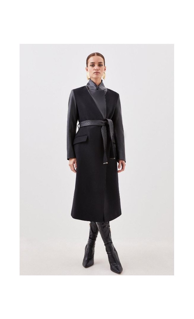 Black Petite Italian Manteco Wool Pu Contrast Detail Belted Coat