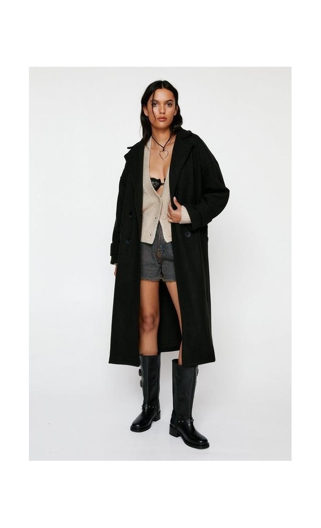 Faux Wool Double Breasted Longline Coat