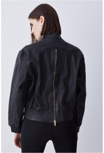 Black Washed Leather Zip Back Bomber Jacket