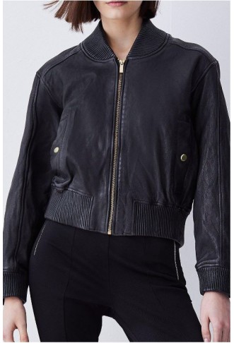 Black Washed Leather Zip Back Bomber Jacket