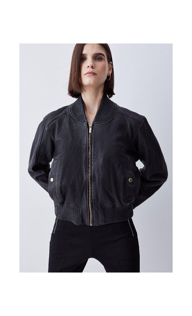 Black Washed Leather Zip Back Bomber Jacket