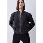 Black Washed Leather Zip Back Bomber Jacket