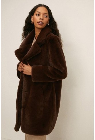 Petite Collared Faux Fur Long Coat