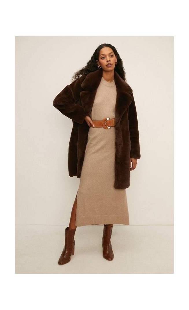 Petite Collared Faux Fur Long Coat