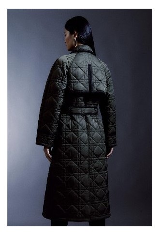 Diamond Quilt Contrast Binding Belted Trench Coat