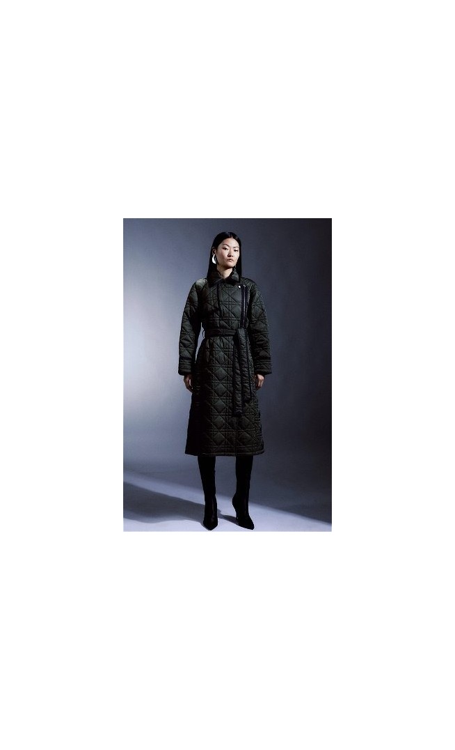 Diamond Quilt Contrast Binding Belted Trench Coat