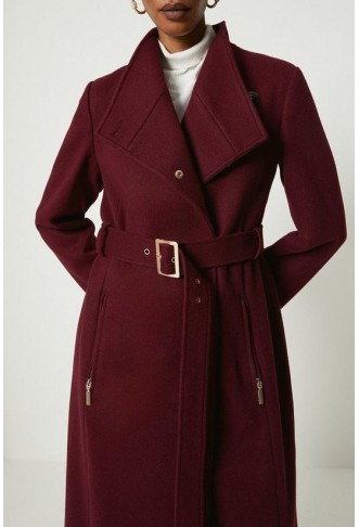 Funnel Neck Hardware Detail Belted Coat