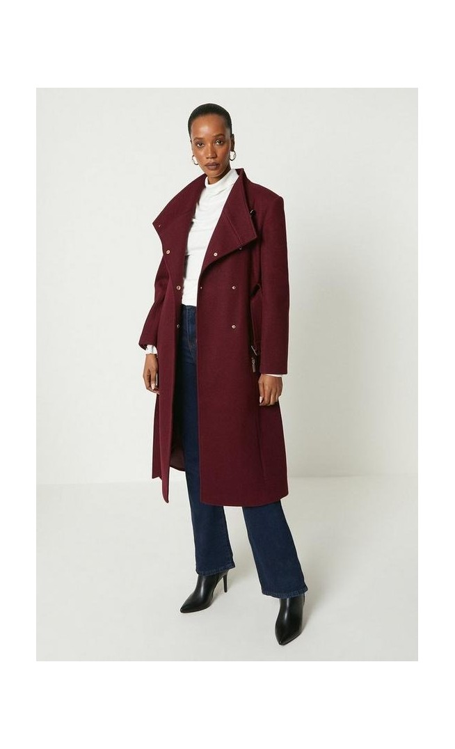 Funnel Neck Hardware Detail Belted Coat