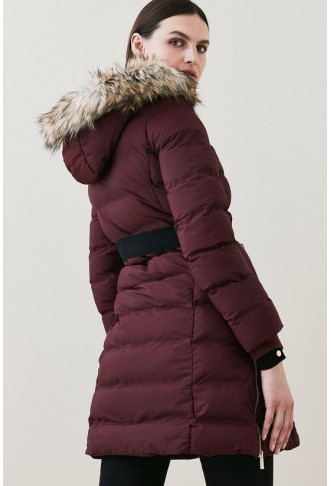 Belted Puffer Faux Fur Midi Length Hooded Coat