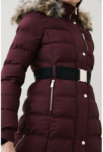 Belted Puffer Faux Fur Midi Length Hooded Coat