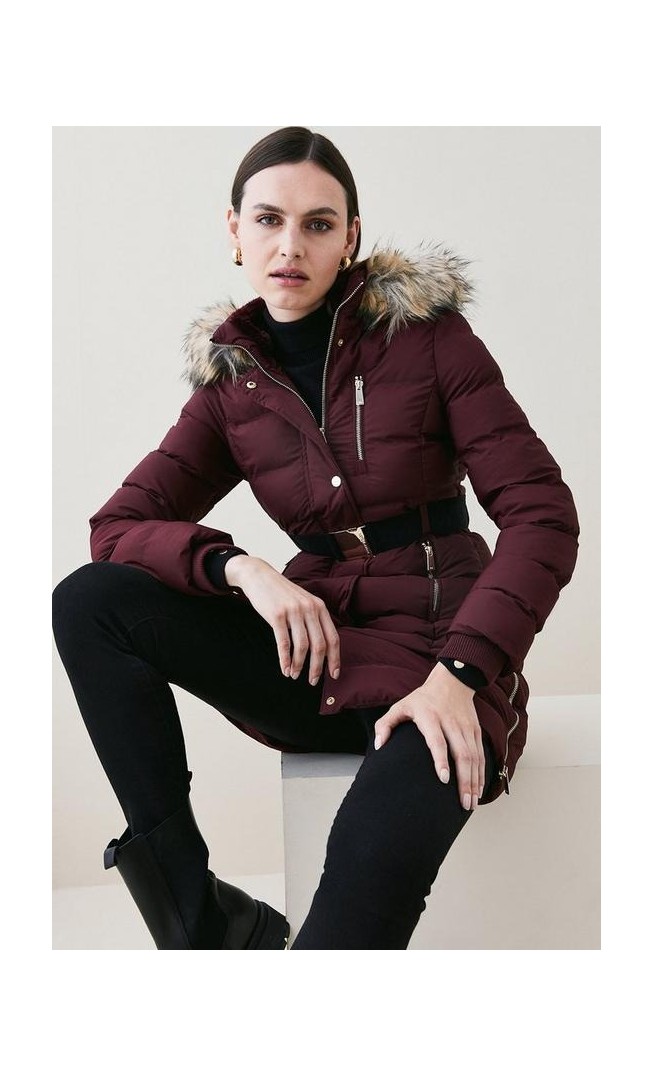 Belted Puffer Faux Fur Midi Length Hooded Coat