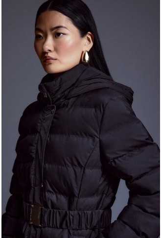 Heat Seal Puffer Belted Faux Fur Hood Longline Jacket