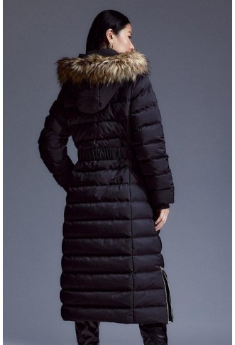 Heat Seal Puffer Belted Faux Fur Hood Longline Jacket